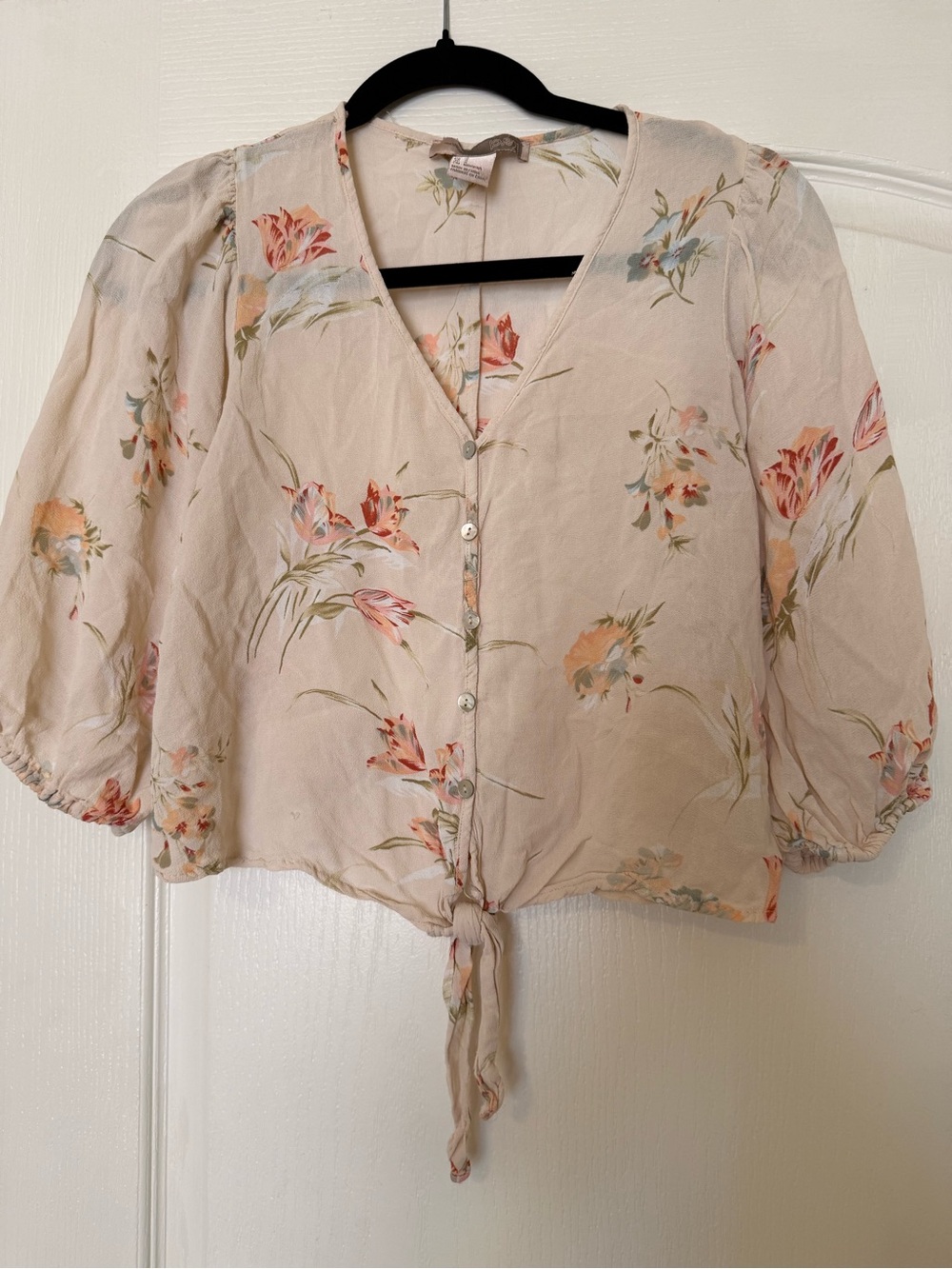 Forever 21 Cream Tie-Front Floral Blouse with Pink and Peach Blooms